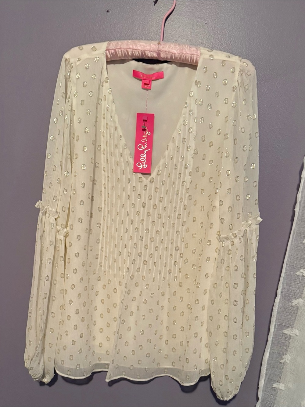 Lilly Pulitzer Cleme Blouse Ivory Viscose w/Gold Accents & shear sleeves Size14